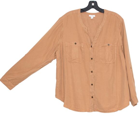 J Jill Top Lyocell Minimalist Utility Neutral Workwear Button Roll Tab Brown 2X - Picture 6 of 7